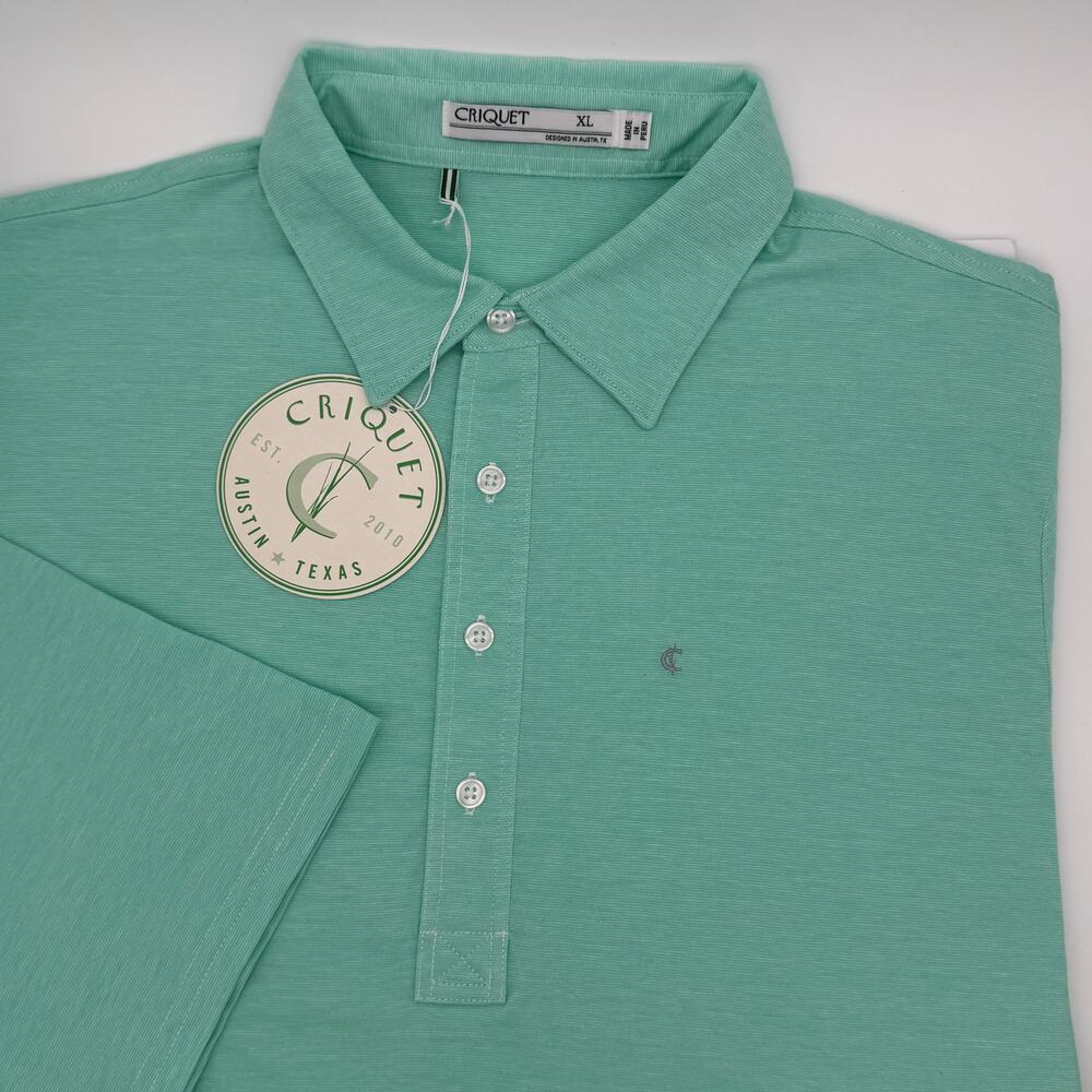 Criquet Polo Shirt Mens XL Green Micro Stripe NWT  100% Organic Cotton Golf Tee